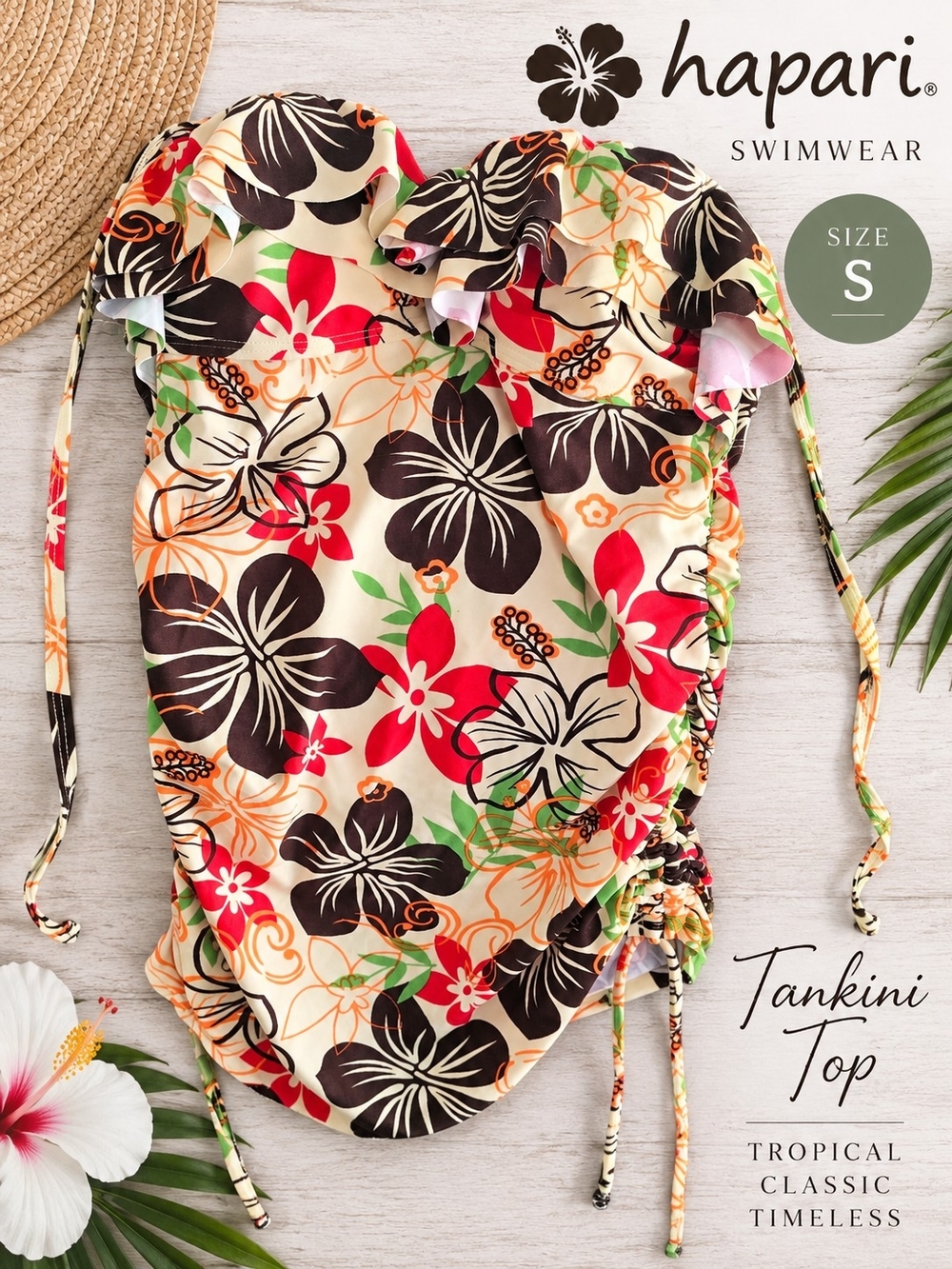 Hapari Tropical Floral Ruffle Ruched Tankini Swim Top Size S